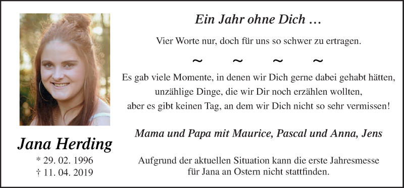  Traueranzeige für Jana Herding vom 11.04.2020 aus Neue Osnabrücker Zeitung GmbH & Co. KG