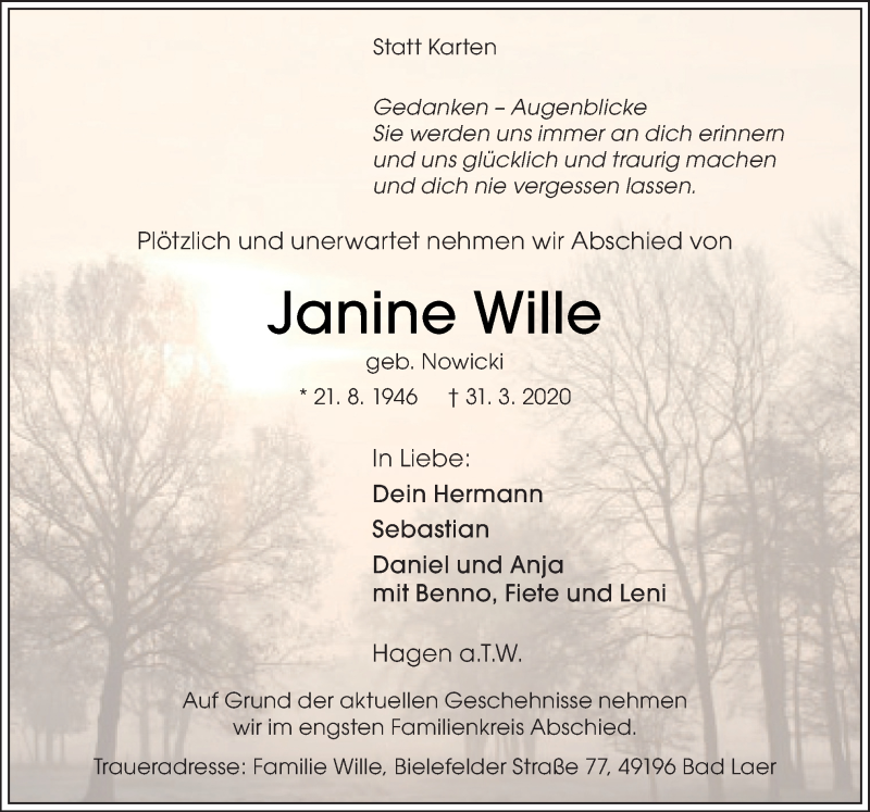  Traueranzeige für Janine Wille vom 04.04.2020 aus Neue Osnabrücker Zeitung GmbH & Co. KG
