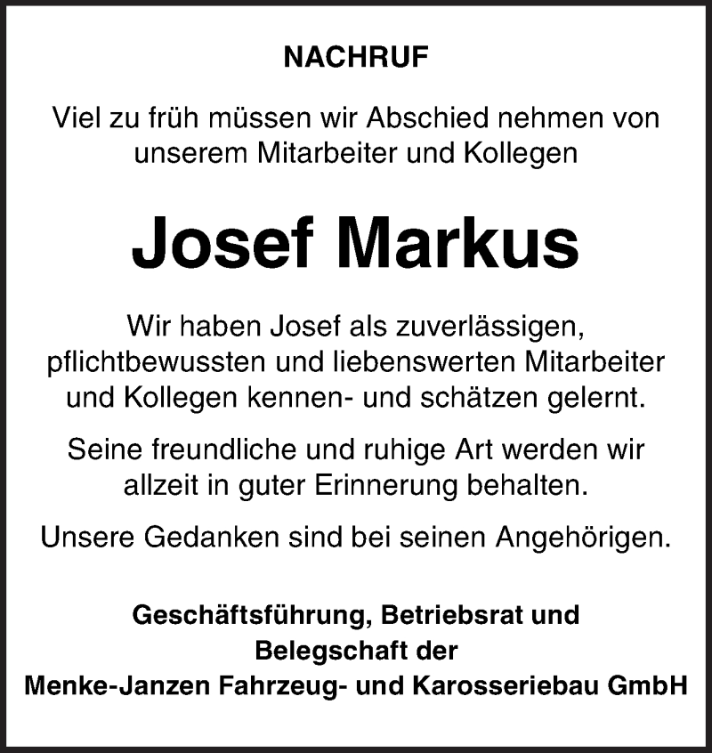  Traueranzeige für Josef Markus vom 20.04.2020 aus Neue Osnabrücker Zeitung GmbH & Co. KG