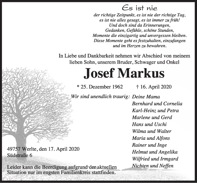  Traueranzeige für Josef Markus vom 18.04.2020 aus Neue Osnabrücker Zeitung GmbH & Co. KG