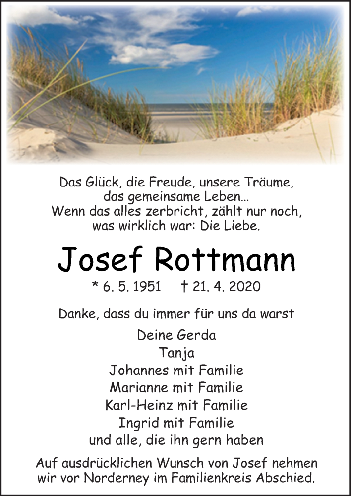  Traueranzeige für Josef Rottmann vom 25.04.2020 aus Neue Osnabrücker Zeitung GmbH & Co. KG