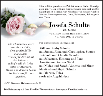 Traueranzeige von Josefa Schulte von Neue Osnabrücker Zeitung GmbH & Co. KG