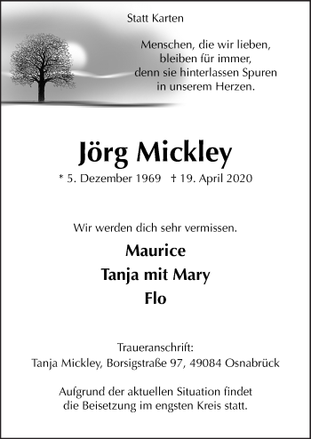 Traueranzeige von Jörg Mickley von Neue Osnabrücker Zeitung GmbH & Co. KG