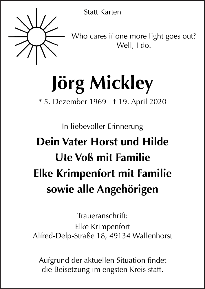  Traueranzeige für Jörg Mickley vom 25.04.2020 aus Neue Osnabrücker Zeitung GmbH & Co. KG