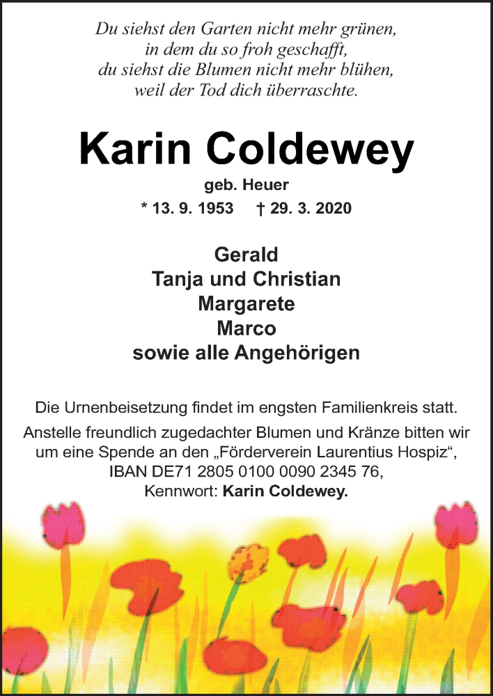  Traueranzeige für Karin Coldewey vom 04.04.2020 aus Neue Osnabrücker Zeitung GmbH & Co. KG