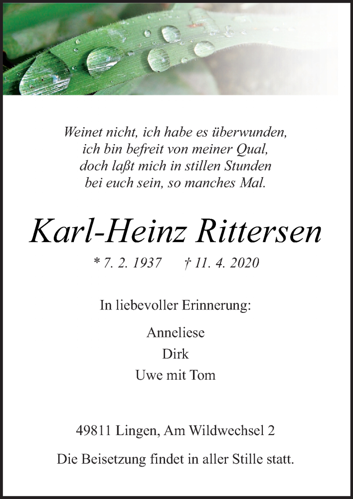  Traueranzeige für Karl-Heinz Rittersen vom 15.04.2020 aus Neue Osnabrücker Zeitung GmbH & Co. KG