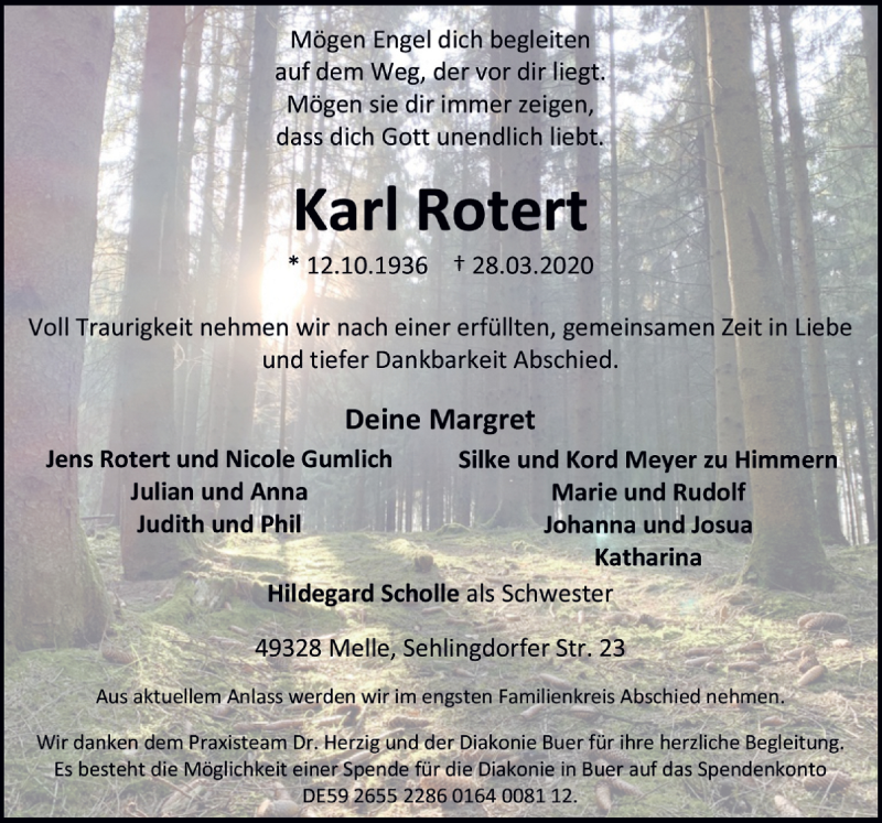 Traueranzeige für Karl Rotert vom 01.04.2020 aus Neue Osnabrücker Zeitung GmbH & Co. KG