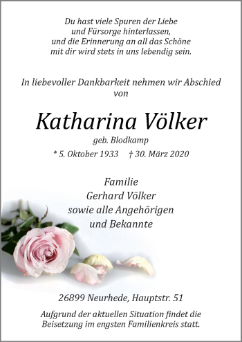 Traueranzeige von Katharina Völker von Neue Osnabrücker Zeitung GmbH & Co. KG