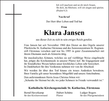 Traueranzeige von Klara Jansen von Neue Osnabrücker Zeitung GmbH & Co. KG