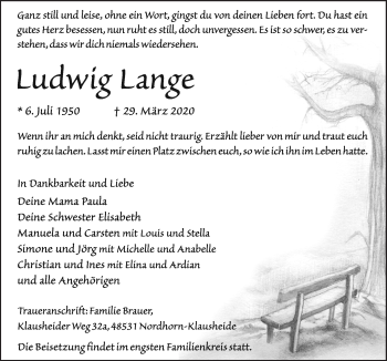 Traueranzeige von Ludwig Lange von Neue Osnabrücker Zeitung GmbH & Co. KG