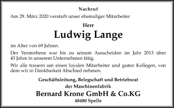 Traueranzeige von Ludwig Lange von Neue Osnabrücker Zeitung GmbH & Co. KG