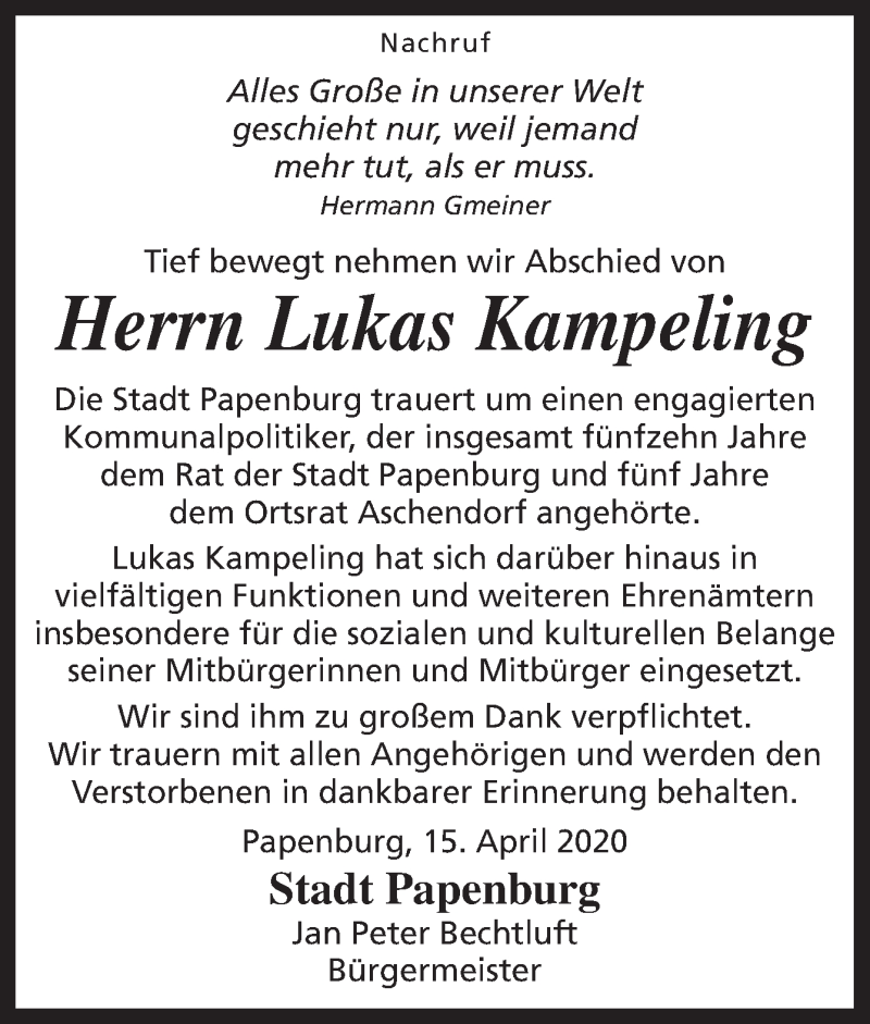  Traueranzeige für Lukas Kampeling vom 17.04.2020 aus Neue Osnabrücker Zeitung GmbH & Co. KG