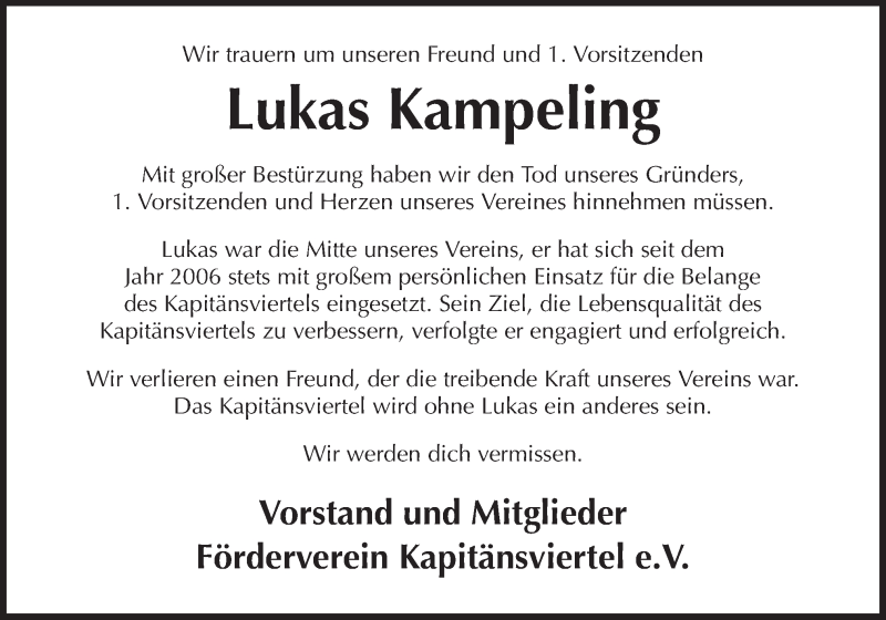  Traueranzeige für Lukas Kampeling vom 18.04.2020 aus Neue Osnabrücker Zeitung GmbH & Co. KG
