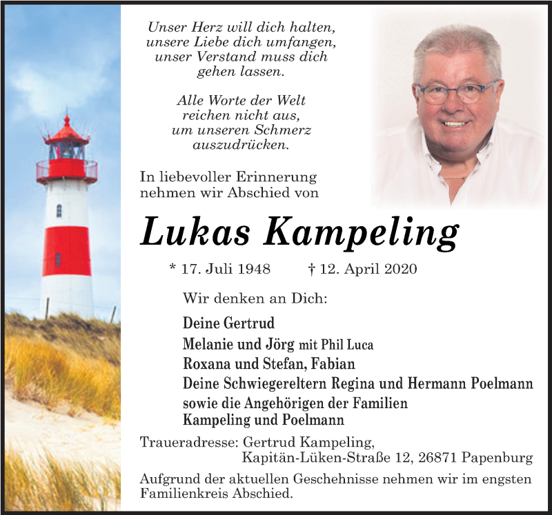  Traueranzeige für Lukas Kampeling vom 16.04.2020 aus Neue Osnabrücker Zeitung GmbH & Co. KG