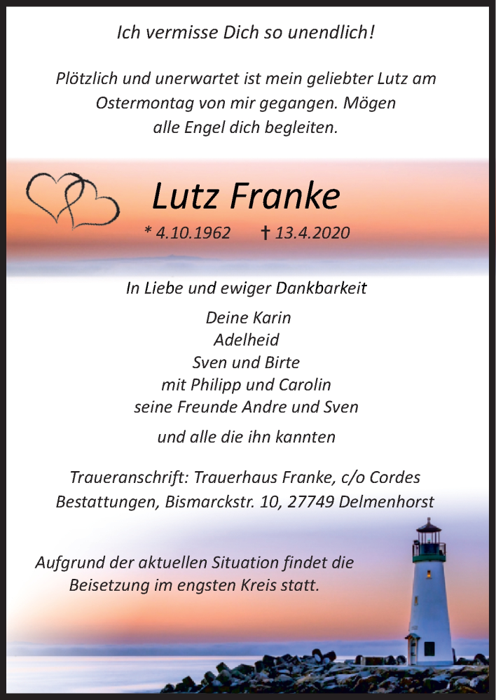  Traueranzeige für Lutz Franke vom 17.04.2020 aus Neue Osnabrücker Zeitung GmbH & Co. KG