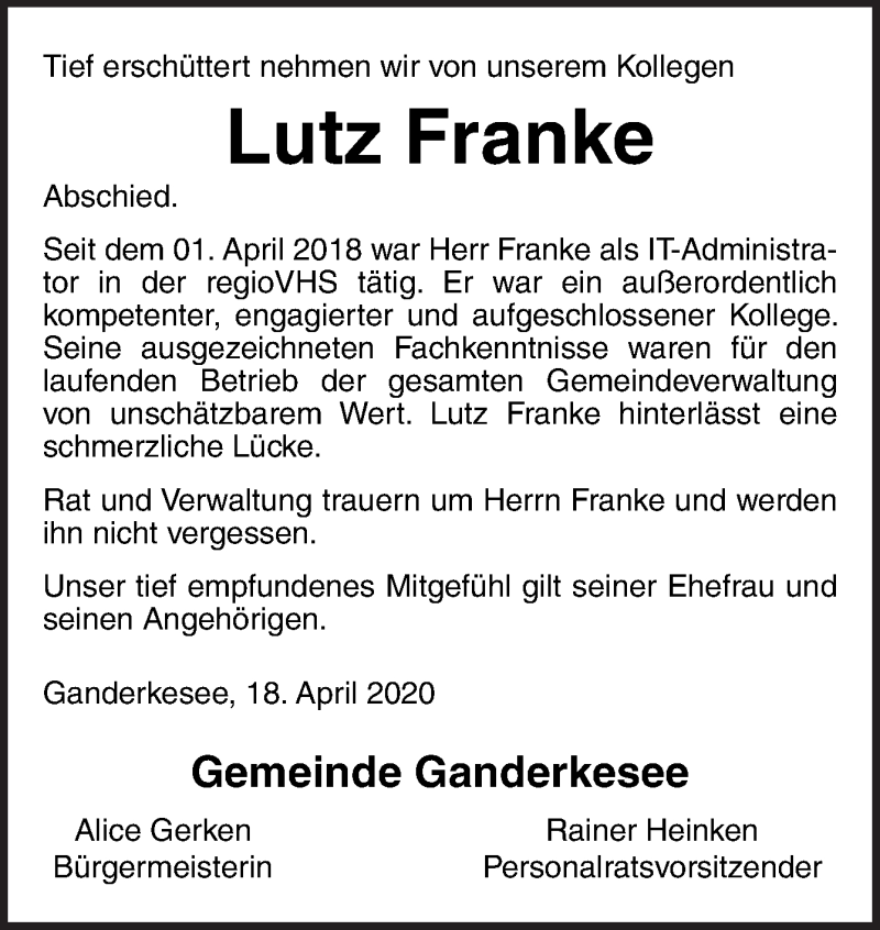  Traueranzeige für Lutz Franke vom 18.04.2020 aus Neue Osnabrücker Zeitung GmbH & Co. KG