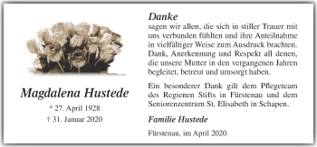 Traueranzeige von Magdalena Hustede von Neue Osnabrücker Zeitung GmbH & Co. KG