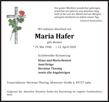 Traueranzeige von Maria Hafer von Neue Osnabrücker Zeitung GmbH & Co. KG