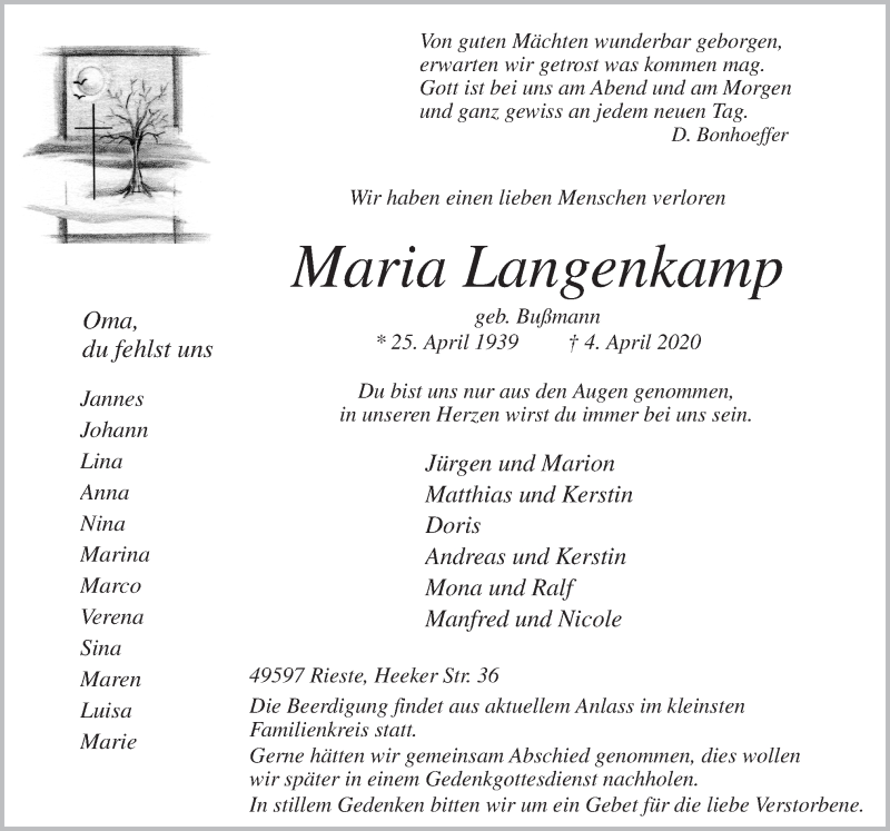  Traueranzeige für Maria Langenkamp vom 08.04.2020 aus Neue Osnabrücker Zeitung GmbH & Co. KG