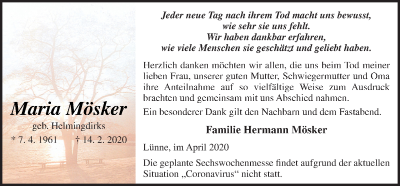  Traueranzeige für Maria Mösker vom 01.04.2020 aus Neue Osnabrücker Zeitung GmbH & Co. KG