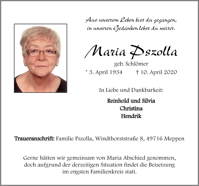  Traueranzeige für Maria Pszolla vom 14.04.2020 aus Neue Osnabrücker Zeitung GmbH & Co. KG