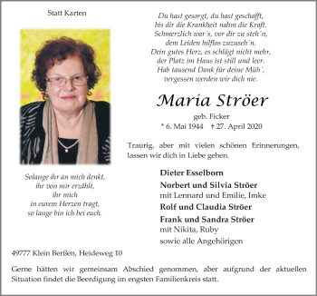 Traueranzeige von Maria Ströer von Neue Osnabrücker Zeitung GmbH & Co. KG