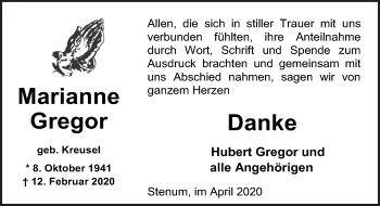 Traueranzeige von Marianne Gregor von Neue Osnabrücker Zeitung GmbH & Co. KG