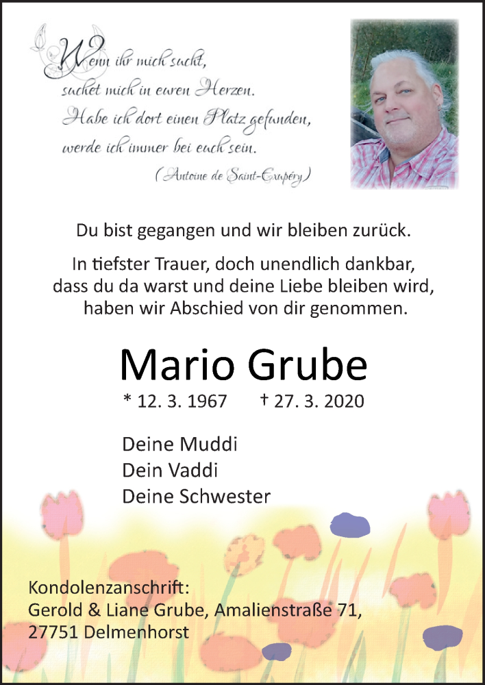  Traueranzeige für Mario Grube vom 11.04.2020 aus Neue Osnabrücker Zeitung GmbH & Co. KG