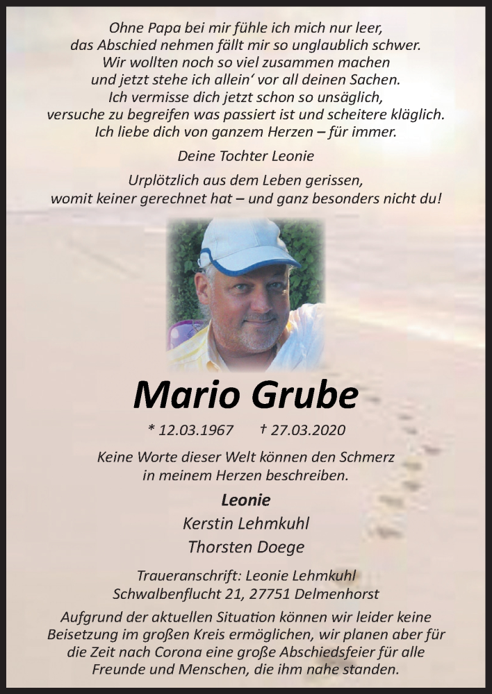  Traueranzeige für Mario Grube vom 04.04.2020 aus Neue Osnabrücker Zeitung GmbH & Co. KG