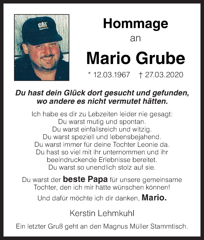  Traueranzeige für Mario Grube vom 04.04.2020 aus Neue Osnabrücker Zeitung GmbH & Co. KG