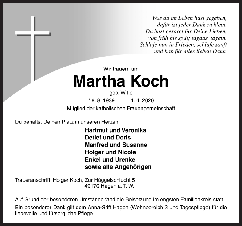  Traueranzeige für Martha Koch vom 04.04.2020 aus Neue Osnabrücker Zeitung GmbH & Co. KG