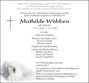 Traueranzeige von Mathilde Wübben von Neue Osnabrücker Zeitung GmbH & Co. KG