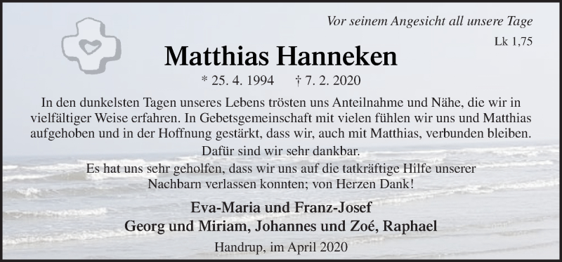  Traueranzeige für Matthias Hanneken vom 08.04.2020 aus Neue Osnabrücker Zeitung GmbH & Co. KG