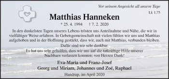 Traueranzeige von Matthias Hanneken von Neue Osnabrücker Zeitung GmbH & Co. KG