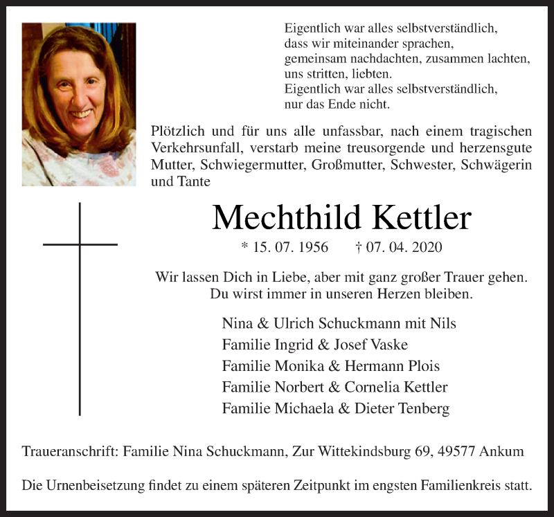  Traueranzeige für Mechthild Kettler vom 15.04.2020 aus Neue Osnabrücker Zeitung GmbH & Co. KG