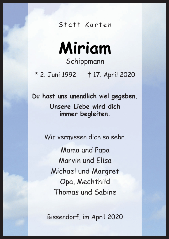  Traueranzeige für Miriam Schippmann vom 25.04.2020 aus Neue Osnabrücker Zeitung GmbH & Co. KG