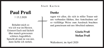 Traueranzeige von Paul Pruß von Neue Osnabrücker Zeitung GmbH & Co. KG