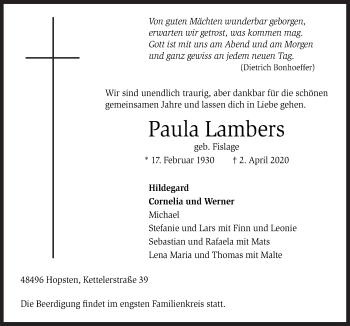 Traueranzeige von Paula Lambers von Neue Osnabrücker Zeitung GmbH & Co. KG