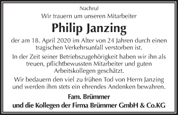 Traueranzeige von Philip Janzing von Neue Osnabrücker Zeitung GmbH & Co. KG