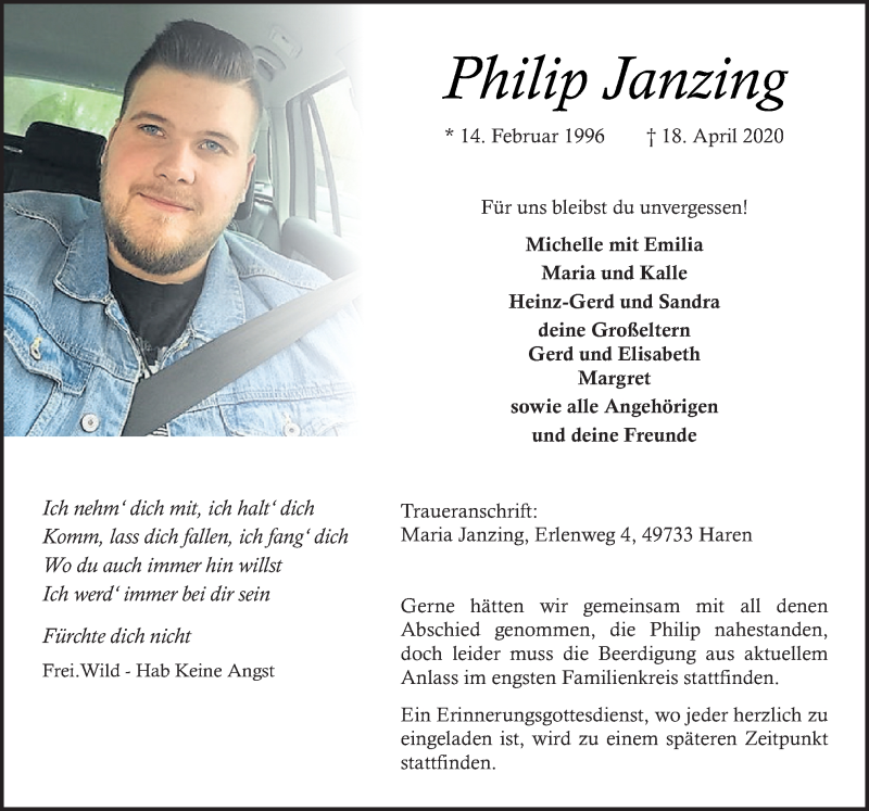  Traueranzeige für Philip Janzing vom 22.04.2020 aus Neue Osnabrücker Zeitung GmbH & Co. KG