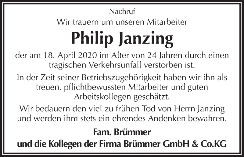  Traueranzeige für Philip Janzing vom 23.04.2020 aus Neue Osnabrücker Zeitung GmbH & Co. KG
