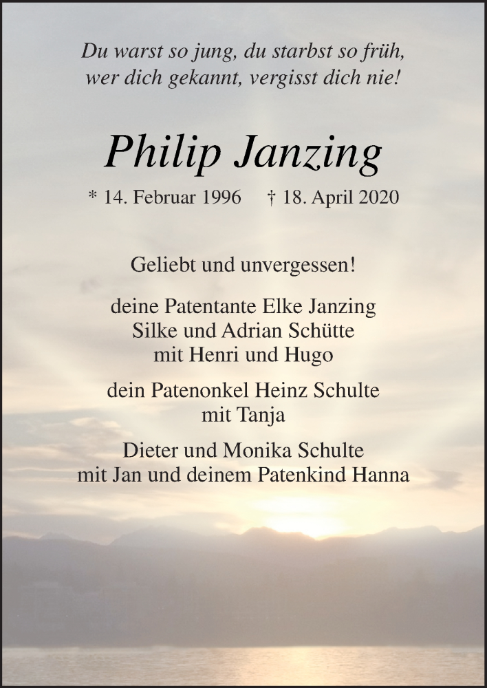  Traueranzeige für Philip Janzing vom 23.04.2020 aus Neue Osnabrücker Zeitung GmbH & Co. KG