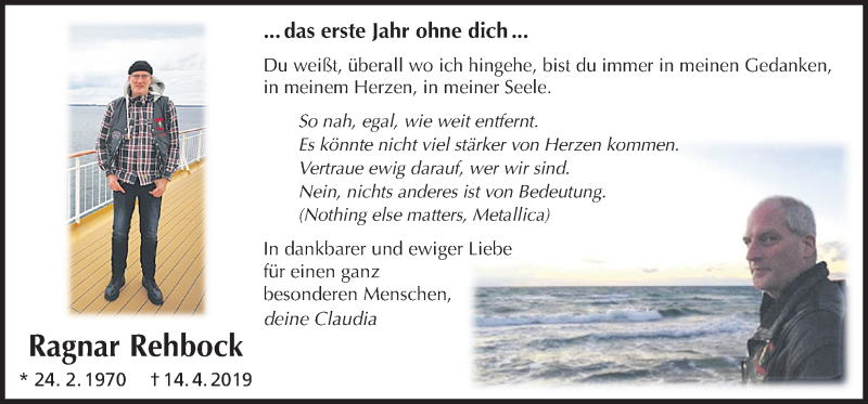  Traueranzeige für Ragnar Rehbock vom 14.04.2020 aus Neue Osnabrücker Zeitung GmbH & Co. KG