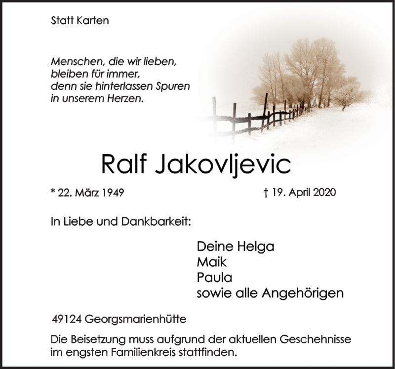  Traueranzeige für Ralf Jakovljevic vom 25.04.2020 aus Neue Osnabrücker Zeitung GmbH & Co. KG