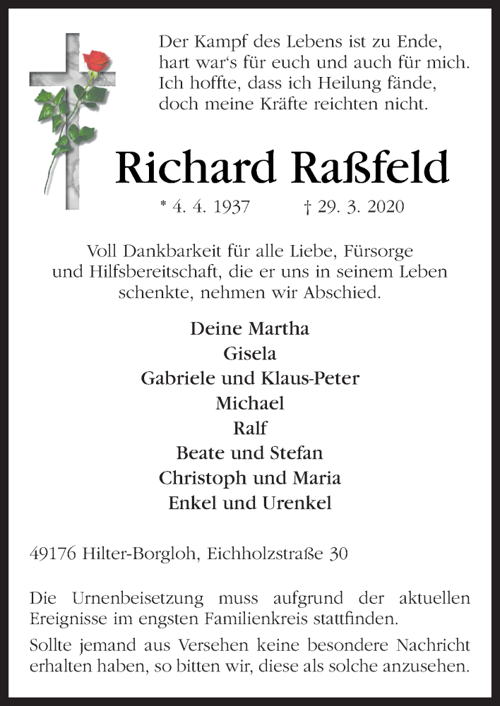  Traueranzeige für Richard Raßfeld vom 01.04.2020 aus Neue Osnabrücker Zeitung GmbH & Co. KG
