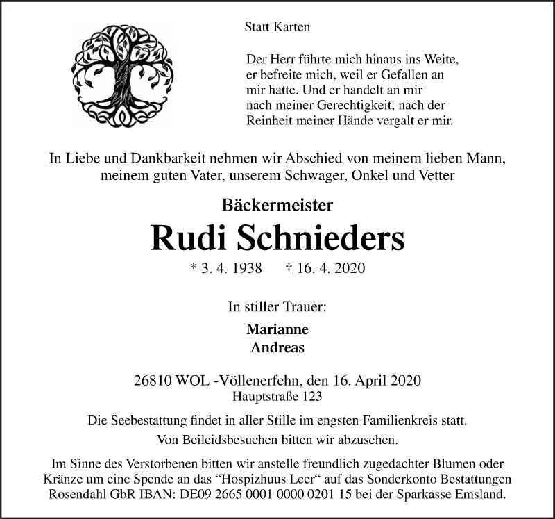  Traueranzeige für Rudi Schnieders vom 18.04.2020 aus Neue Osnabrücker Zeitung GmbH & Co. KG
