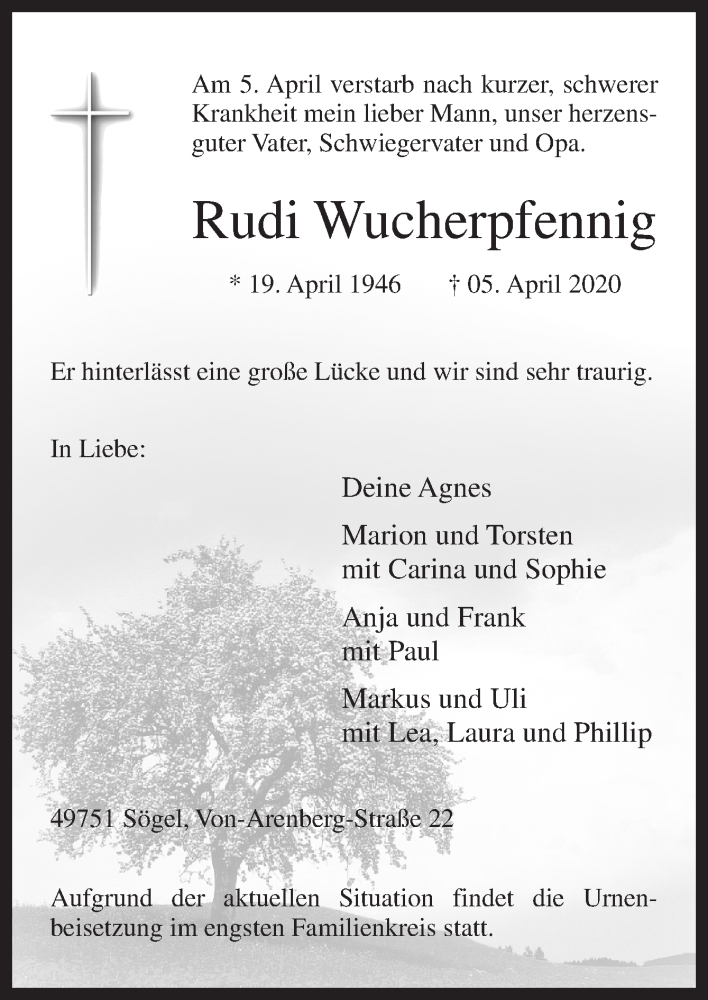  Traueranzeige für Rudi Wucherpfennig vom 08.04.2020 aus Neue Osnabrücker Zeitung GmbH & Co. KG