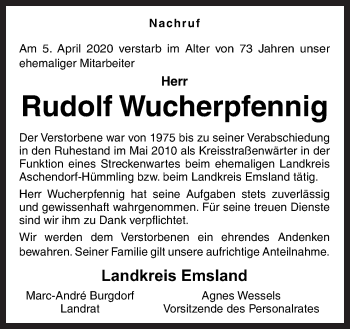 Traueranzeige von Rudolf Wucherpfennig von Neue Osnabrücker Zeitung GmbH & Co. KG