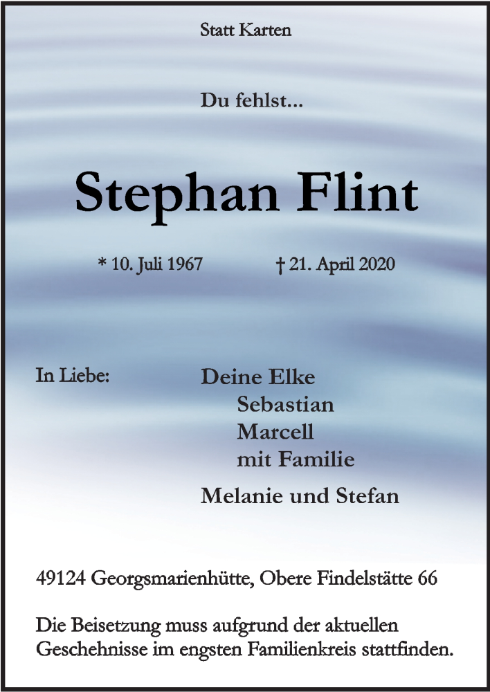  Traueranzeige für Stephan Flint vom 25.04.2020 aus Neue Osnabrücker Zeitung GmbH & Co. KG