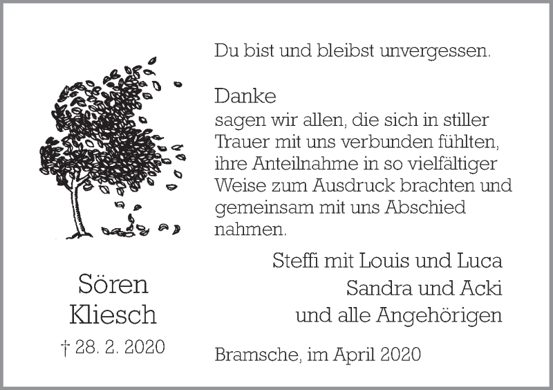  Traueranzeige für Sören Kliesch vom 01.04.2020 aus Neue Osnabrücker Zeitung GmbH & Co. KG